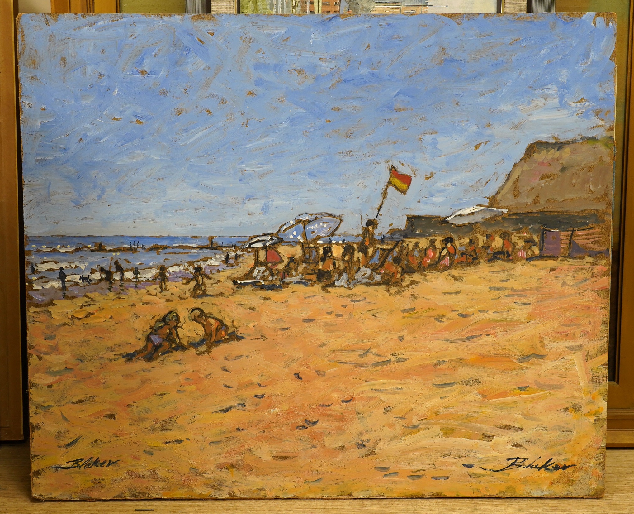 Michael John Blaker (1928-2018), four oils on board, 'Back Gardens', 'Rochester', 'Thanet Beach, Seascape', 'Park near Prague', each signed, largest 61 x 71cm, unframed. Condition - fair